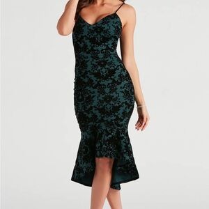 Hunter Green and Black Floral Midi Dress